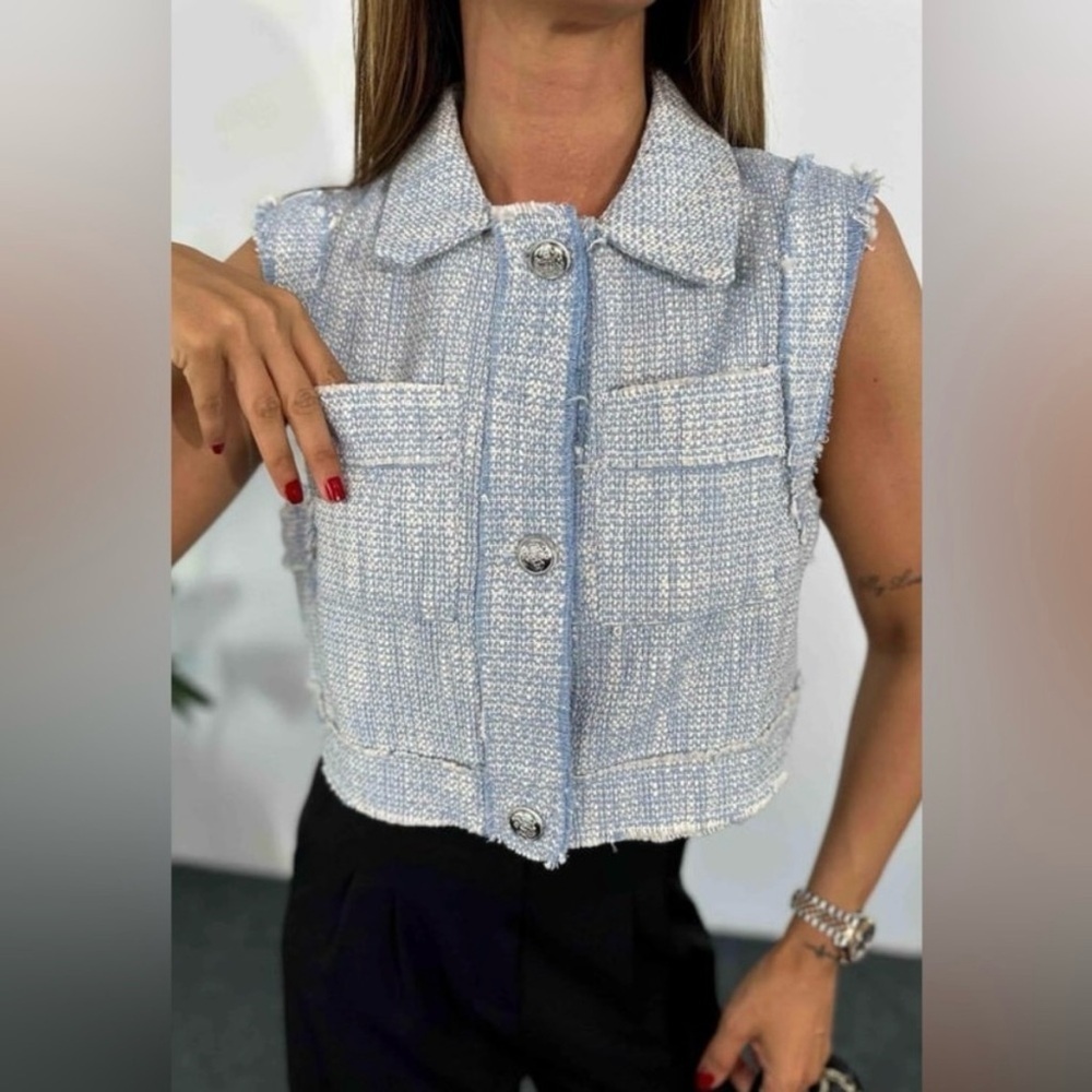 Zara Light Blue Tweed Cropped Vest
